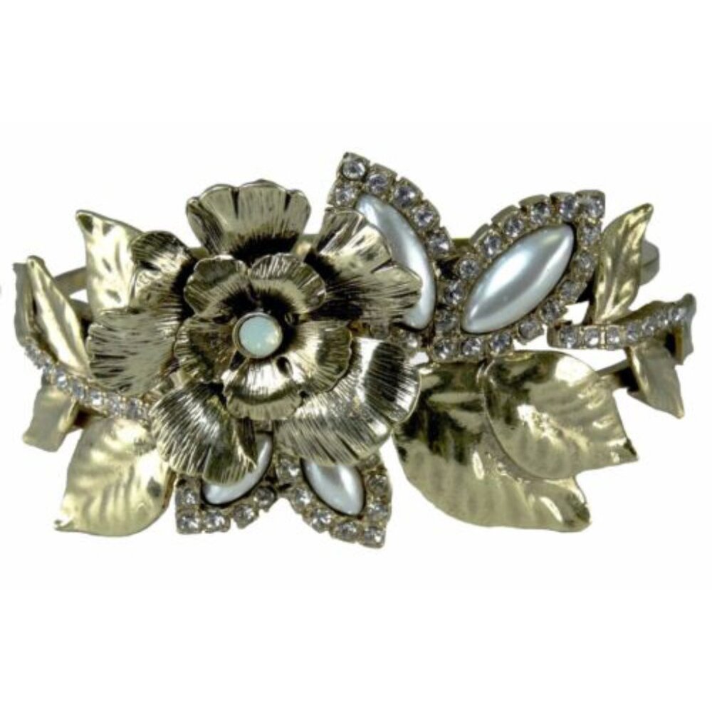 Gold Flower Hinged Bangle Bracelet Crystal White Pearl Alloy Statement